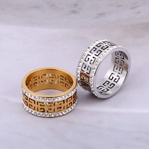 Gold and silver Greek key titanium steel rings with double row crystal pavé setting