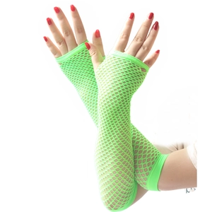 Detail of neon green fishnet arm warmers with fingerless design and mesh texture