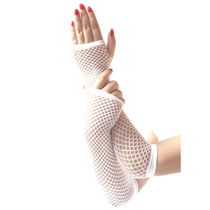 Close-up of white fishnet fingerless long gloves in elastic mesh fabric for punk style