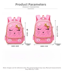 Detailed school bag size guide showing dimensions and specs for primary school girls