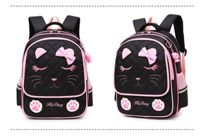 Front and side view of children's cat backpack with pink bow and paw pattern