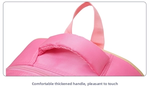 Close-up of a pink school bag featuring an ergonomic padded handle and breathable mesh