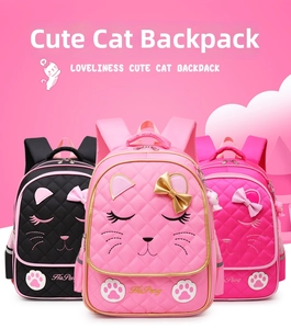 Detail view of cute cat backpacks in black and pink with quilted pattern and cat ears