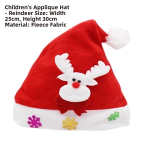 Detail showing plush Christmas hat with elk applique and sequin snowflake pattern