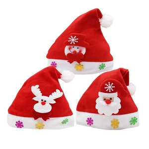 Detailed view of red felt Christmas hats with plush snowman, elk and Santa Claus appliques