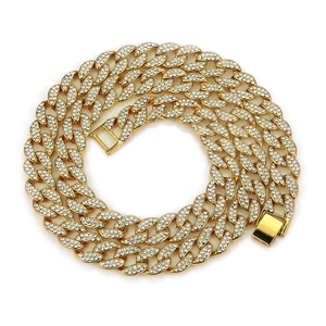 Hip hop gold plated Cuban link chain necklace with sparkling rhinestones for men