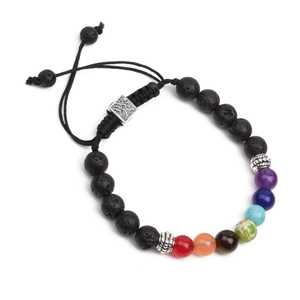 Bracciale chakra regolabile in pietra lavica nera con perline colorate e ciondolo albero