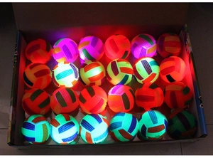Detail of small glowing toy volleyballs with soft spikes in a display box