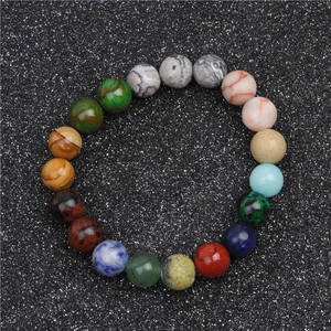 Detail view of solar system natural stone beads bracelet with tiger eye and agate stones