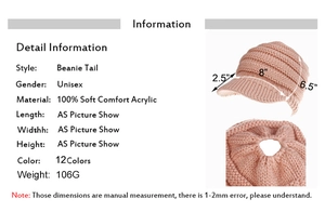 Detailed knit ponytail beanie dimensions and 100% soft acrylic material specifications