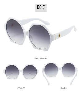 Three-angle views of white hexagonal sunglasses with grey gradient lenses and gold accents