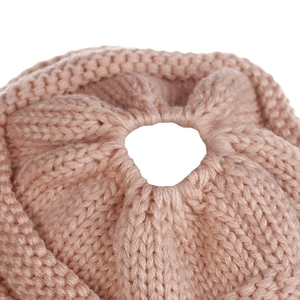 Pink chunky knit ponytail baseball cap with top opening for women's outdoor sports