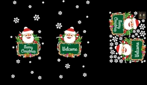 Detail of Christmas elk and Santa Claus window stickers with Merry Christmas signs