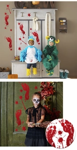 Detailed view of Halloween bloody footprint wall stickers in festive indoor party scenes
