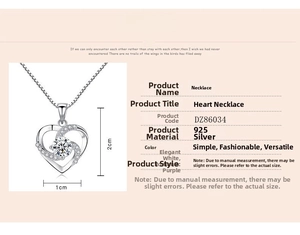 Detailed specifications of S925 sterling silver heart pendant necklace, size 2cm by 1cm