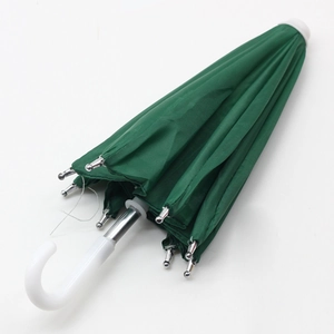 Detailed view of a closed green toy umbrella with a white curved handle for dolls