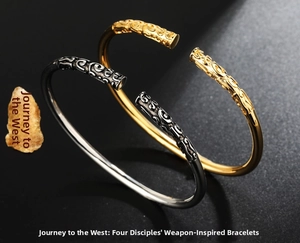 Detail of Sun Wukong gold and silver staff bracelets with vintage cloud engraving
