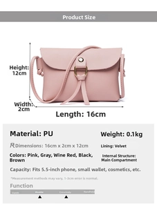Pink minimalist PU leather small crossbody bag with dimensions 16cm x 12cm x 2cm