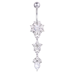 Sparkling silver navel ring with teardrop flower pendant and clear rhinestones