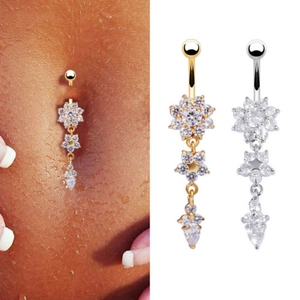 Belly Button Ring Alloy Rhinestone Flower Waterdrop Dangle Navel Piercing Jewelry For Women Sparkling Elegant