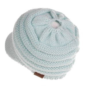 Light blue knit ponytail beanie hat with C.C leather patch and top opening hole