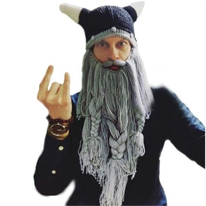 Handmade Viking knit hat with horns and large gray braided beard mask for party fun