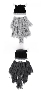Hand-knitted Viking pirate hats with horns and long braided beards in gray colors