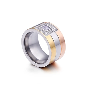 Three-tone titanium steel wide ring with square purple stone and micro-pave crystals