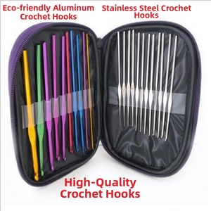 Detail of 22-piece crochet hook set with aluminum and stainless steel needles in a purple case