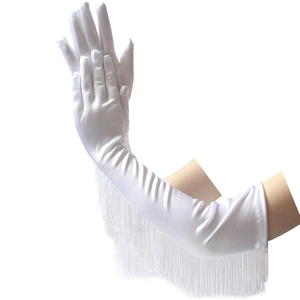 Long white satin gloves with fringe tassels for bridal wear and latin dance performances