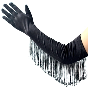 Elegant long black satin gloves with fringe tassels for bridal and dance performances