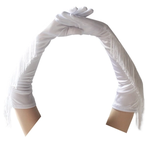 Close-up of white satin long gloves with elegant fringe detailing for performances