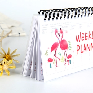 Planner settimanale a cartone animato con fenicotteri e rilegatura a spirale nera