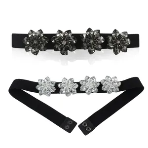 Elegant thin elastic waist belt for women with rhinestone floral clusters and metal snaps