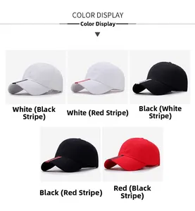 Detail view of cotton baseball caps showing side stripe patterns in various colors