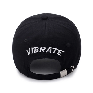 Rear view of black cotton baseball cap with VIBRATE embroidery and metal buckle