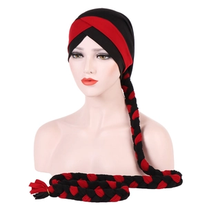 Muslim headscarf turban featuring a red and black braided twist design on model