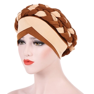 Close-up of dual-tone coffee and beige braided turban wrap with high-quality fabric texture