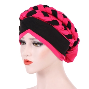 Ethnic Two-Tone Braided Turban Hat For Women Polyester Knit Beanie Twisted Braid Muslim Headwrap Bohemian Daily Accessories