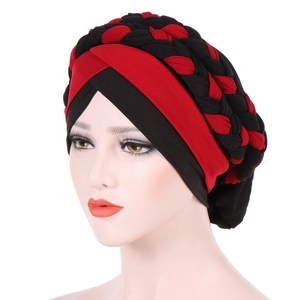 Red and black braided turban cap for women with bohemian style milk silk fabric
