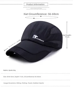 Size chart for black waterproof sport cap with 8cm brim and breathable mesh