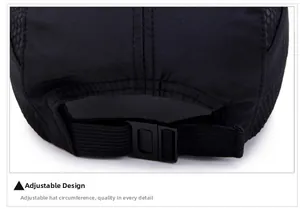 Detail of adjustable plastic buckle and breathable mesh on black quick-dry sports cap