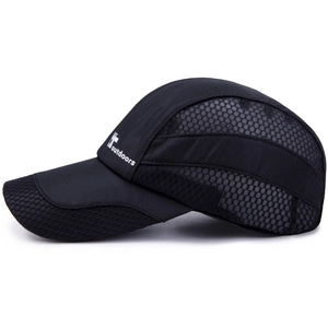 Quick-dry black outdoor sun hat with breathable mesh and outdoors logo embroidery