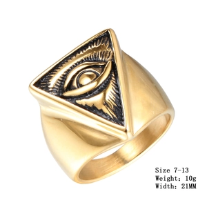Detailed view of vintage gold titanium steel ring with Eye of Providence engraving