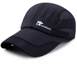 Close-up of black quick-dry outdoor cap with breathable mesh and GT logo side view