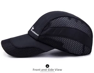 Side view detail of black outdoor hat featuring breathable mesh panels and logo
