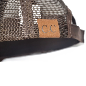 Detailed close-up of brown sequins mesh baseball cap featuring a C.C faux leather brand tag