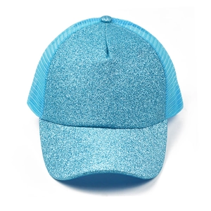 Detailed view of sky blue glitter material and breathable mesh on the baseball cap