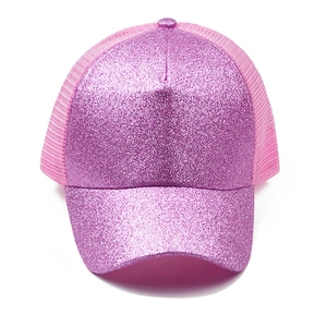 Detail view of pink glitter baseball cap featuring breathable mesh and ponytail opening