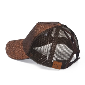 Bronze glitter ponytail mesh baseball cap with C.C logo and adjustable buckle back